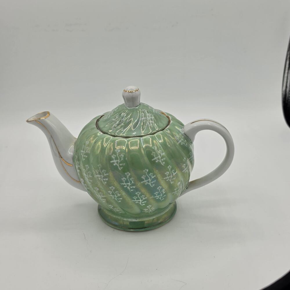 Vintage Japanese Green Lusterware Teapot Stenciled White Flowers Gold Trim READ